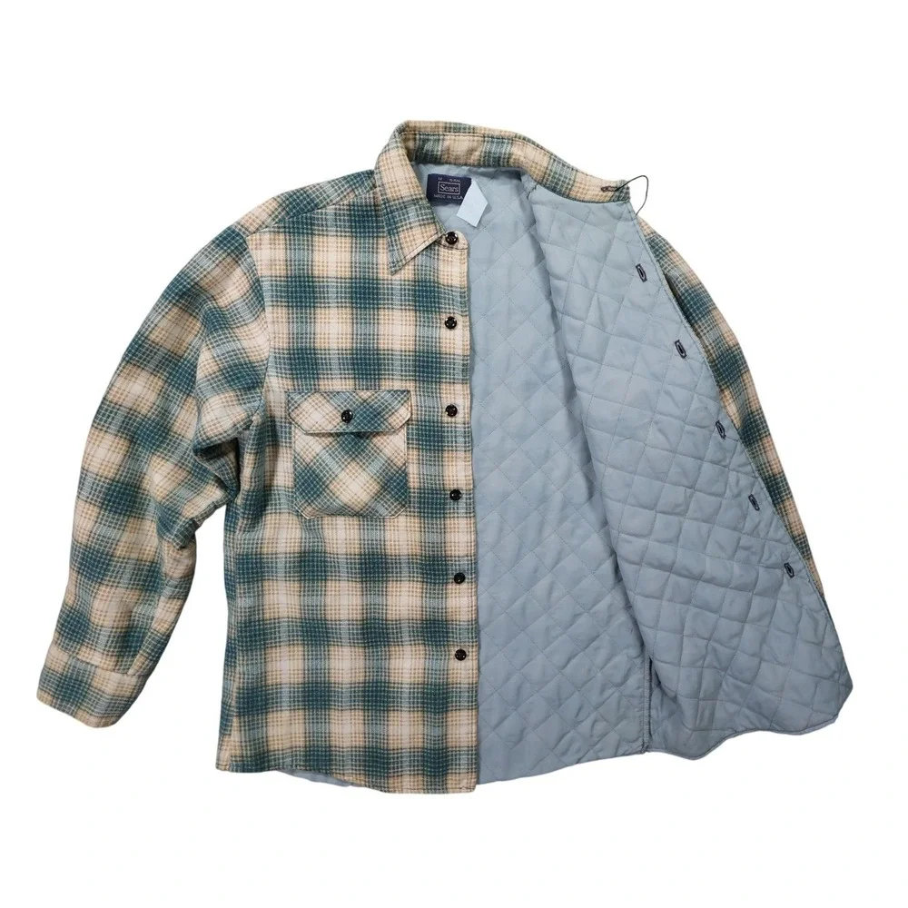 Sears Quilted Flannel Shirt Jacket Mens Medium Blue Plaid Excellent Vintage‎